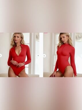 OQQ Red Ribbed Zip Front Long Sleeve Bodysuit
